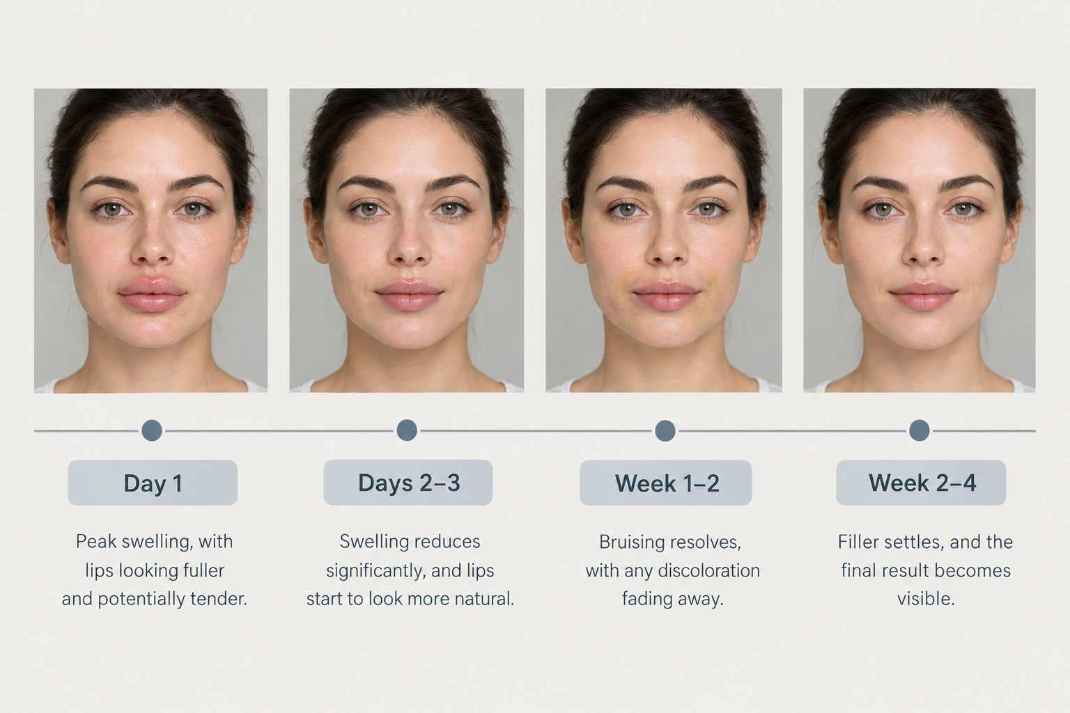 Lip filler recovery timeline from day one swelling to final settled result at four weeks