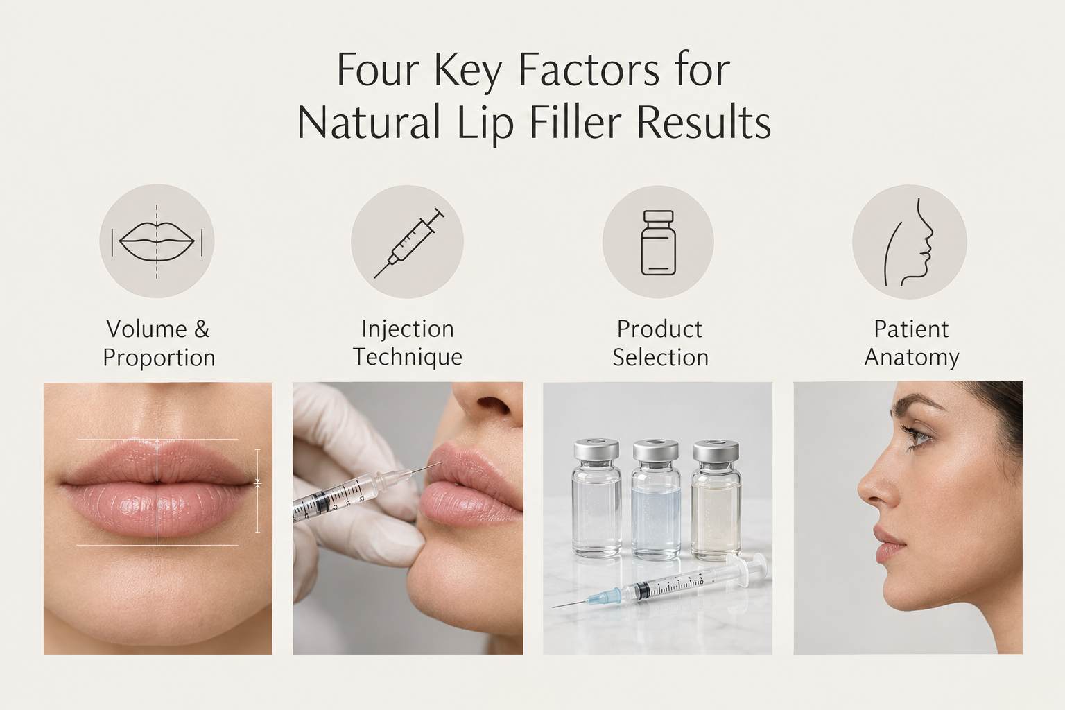 Infographic showing five factors that contribute to natural-looking lip filler results