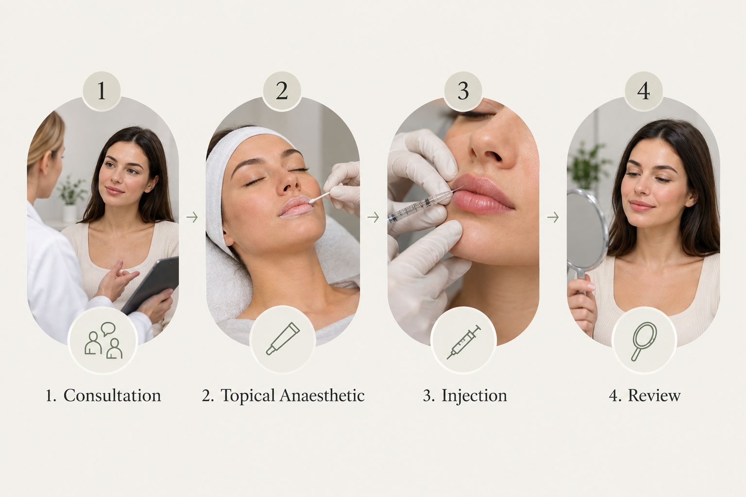 Step-by-step process diagram showing stages of a lip filler appointment