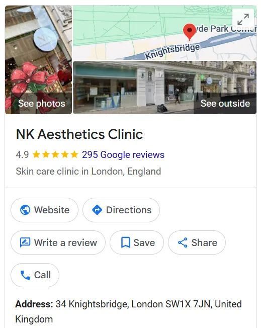NK Aesthetics Clinic Google Maps profile 