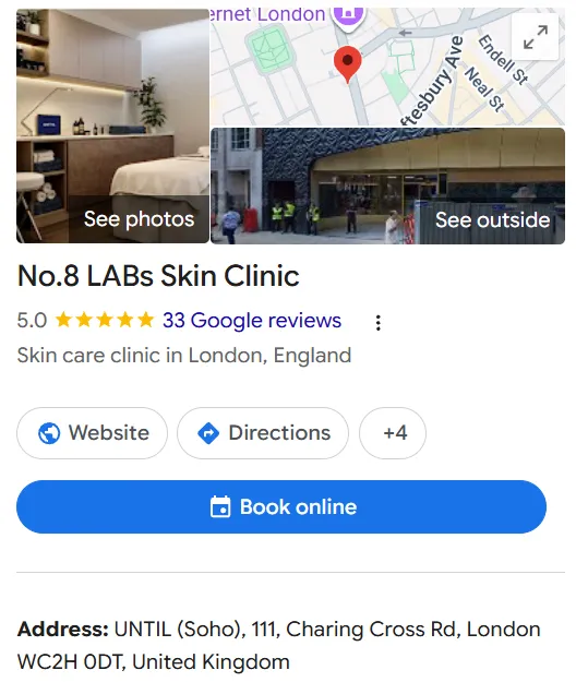 No.8 LABs Skin Clinic Google Maps profile