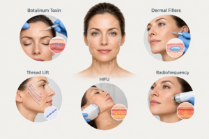 Overview illustration of non-surgical facelift treatment options for facial rejuvenation