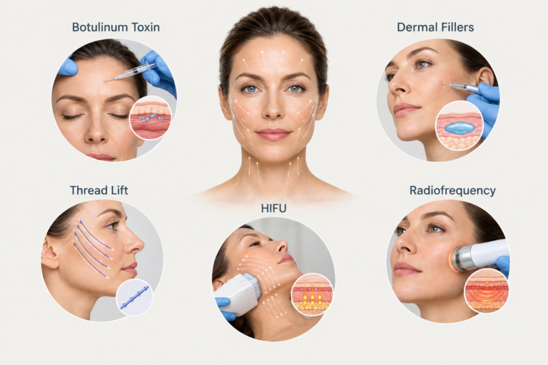 Overview illustration of non-surgical facelift treatment options for facial rejuvenation
