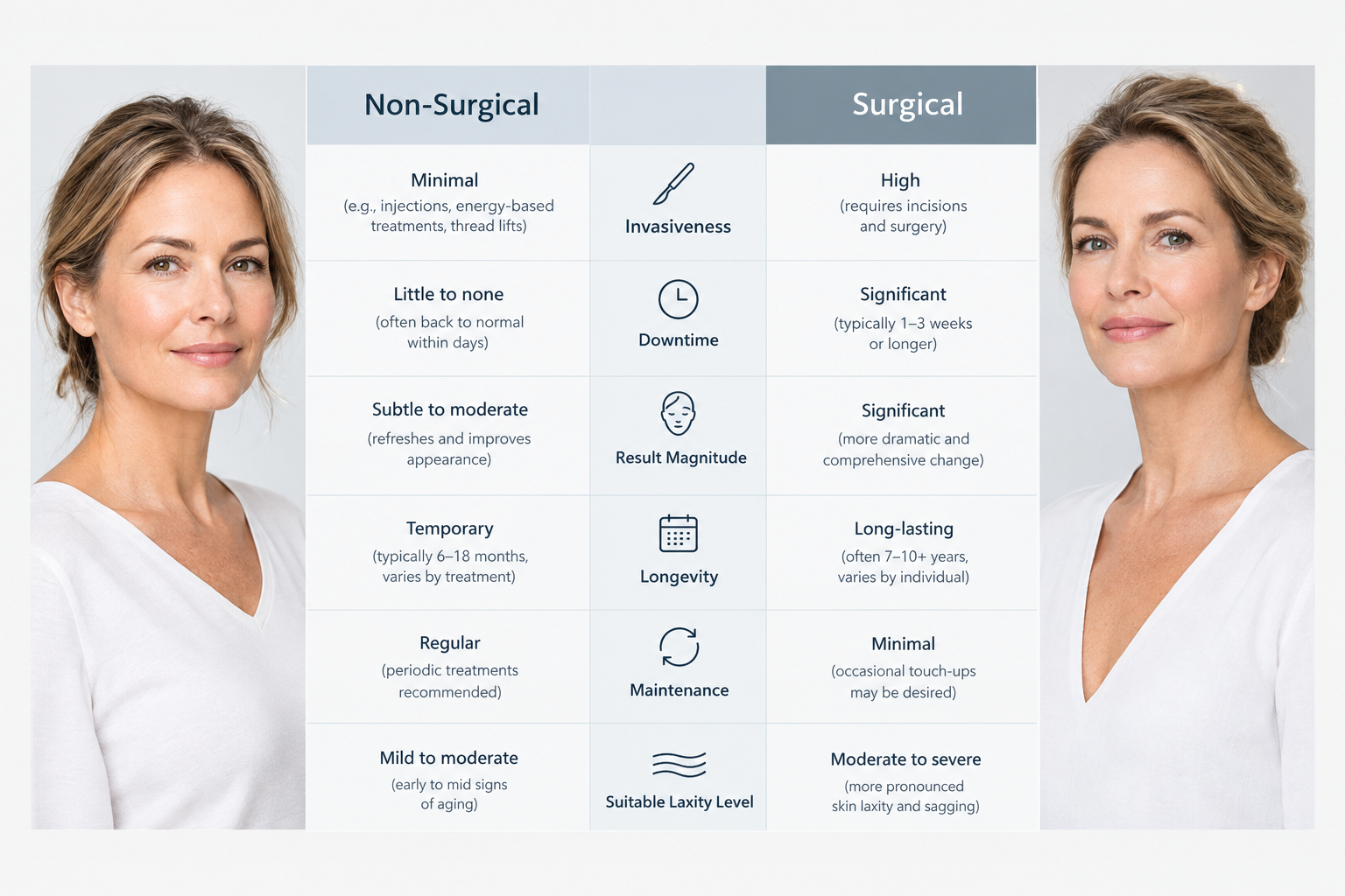 Comparison graphic showing differences between non-surgical and surgical facelift approaches