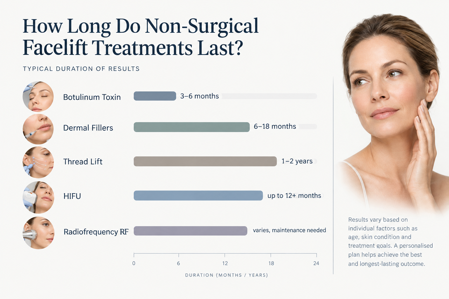 Infographic comparing how long different non-surgical facelift treatments typically last