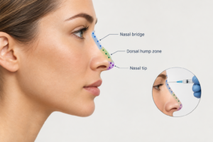 Illustration of non-surgical rhinoplasty filler injection points on a nose in profile