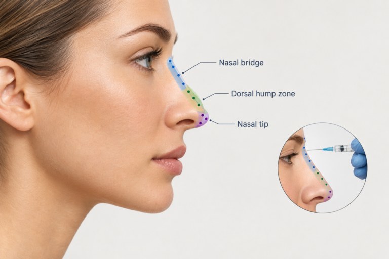 Illustration of non-surgical rhinoplasty filler injection points on a nose in profile