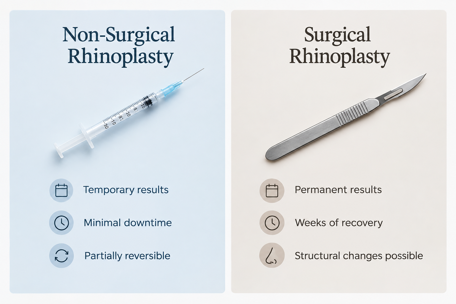 Comparison graphic of non-surgical rhinoplasty versus surgical rhinoplasty key differences