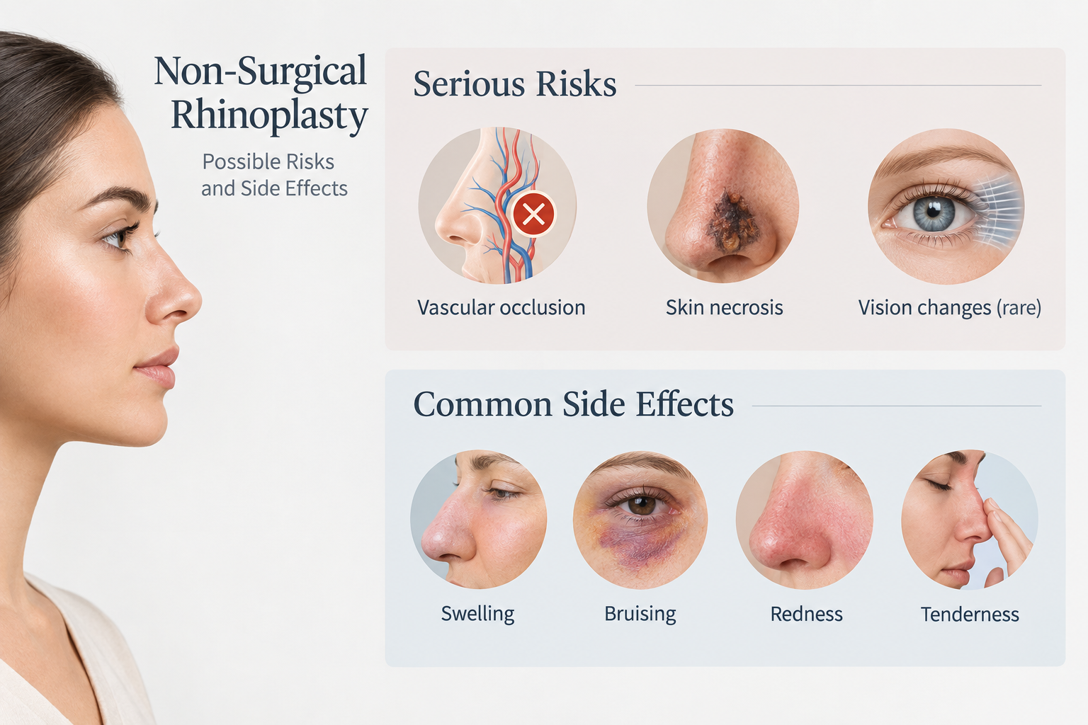Infographic showing serious and minor risks of non-surgical rhinoplasty with filler