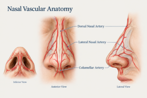Illustration of nasal blood supply showing arteries relevant to nose filler complication risk