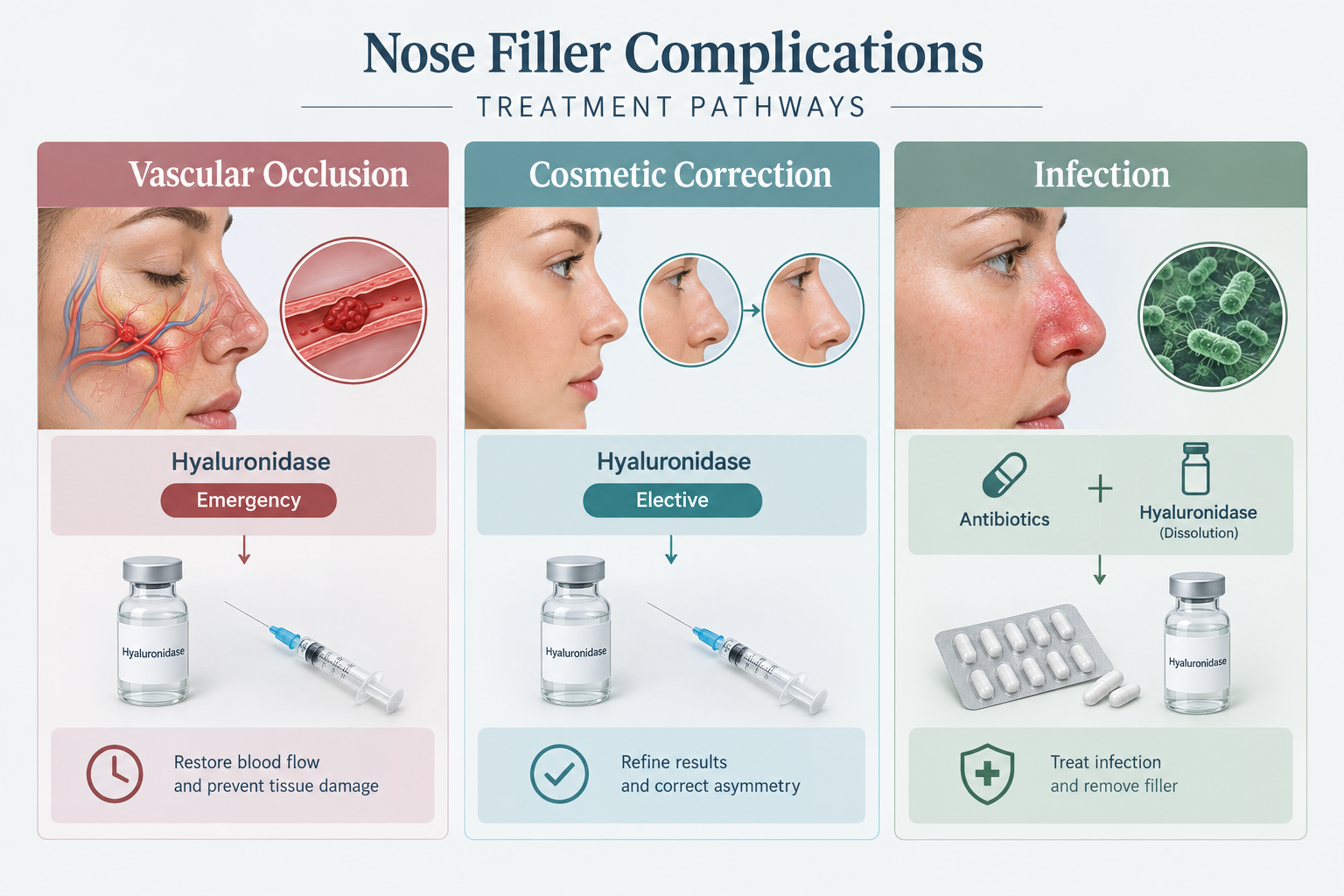 Infographic showing treatment pathways for nose filler complications including hyaluronidase and