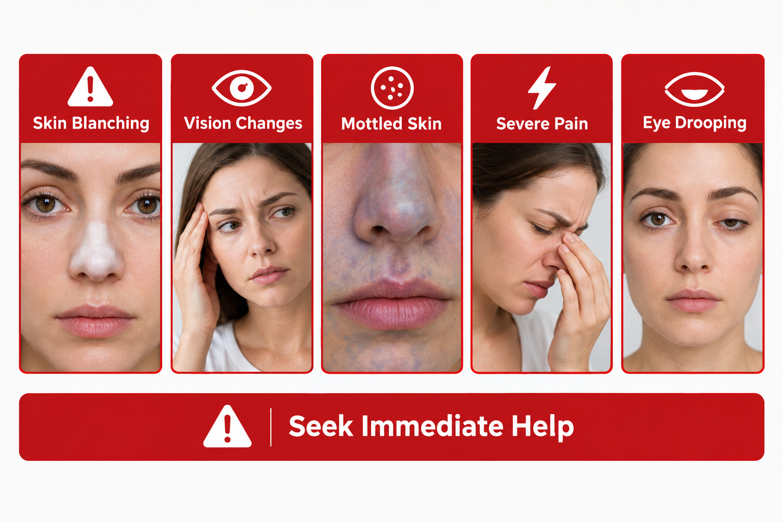 Warning sign cards showing nose filler emergency symptoms including skin blanching and vision