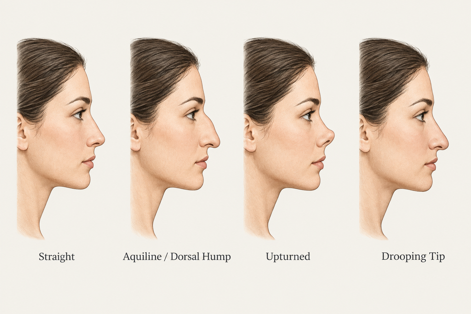 Profile illustrations comparing straight, aquiline, upturned, and drooping nose types