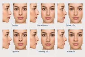 Illustrated diagram showing six common nose types in profile and frontal view with labels