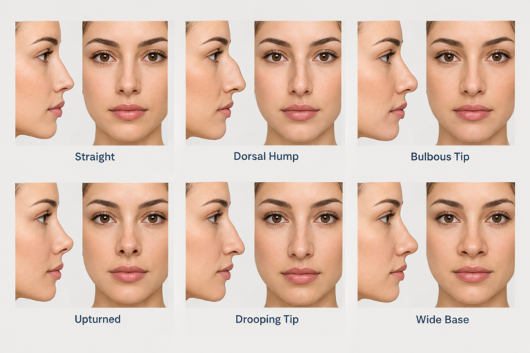 Illustrated diagram showing six common nose types in profile and frontal view with labels