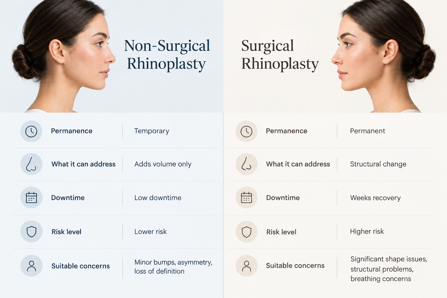 Comparison infographic of non-surgical rhinoplasty versus surgical rhinoplasty key differences