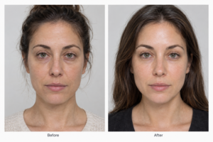 Polynucleotides before and after showing improved skin texture, hydration and fine lines