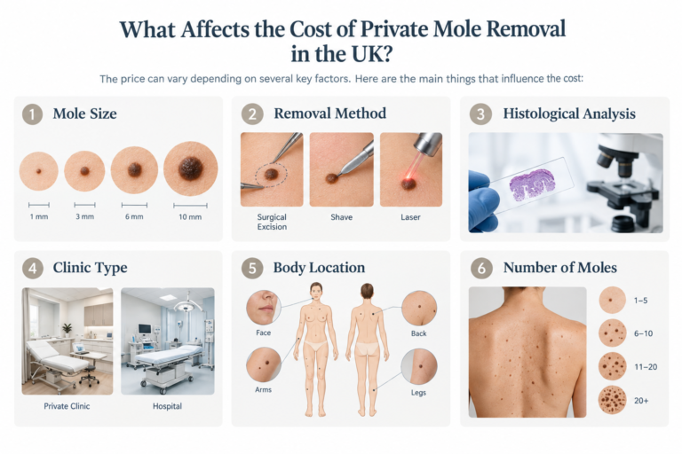 Infographic showing key factors affecting private mole removal cost in the UK