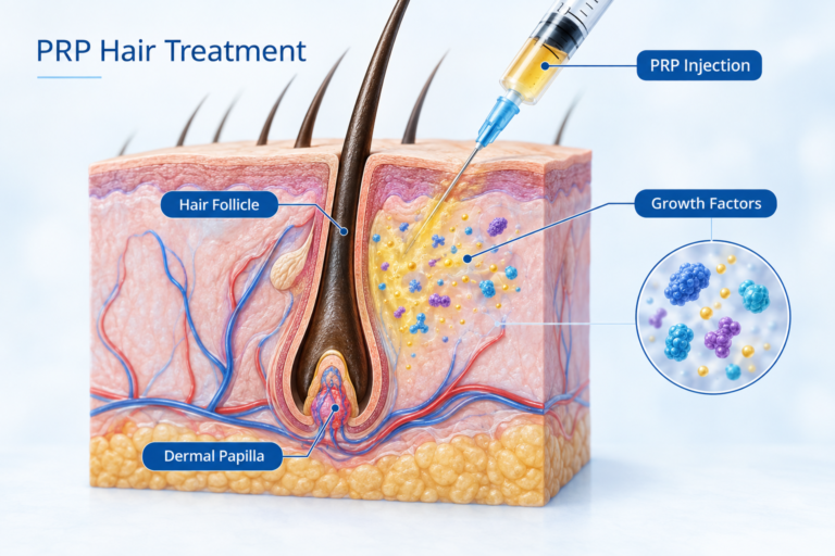 Illustration of PRP injection delivering growth factors to a hair follicle in the scalp