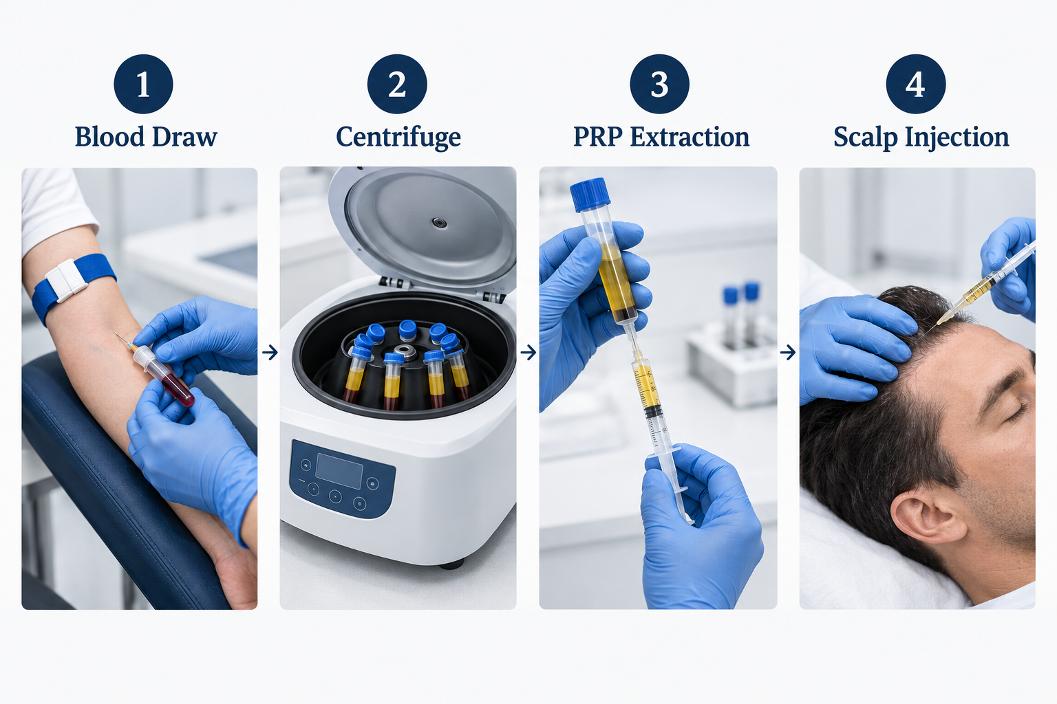 Four-step process diagram showing blood draw, centrifuge, PRP extraction, and scalp injection
