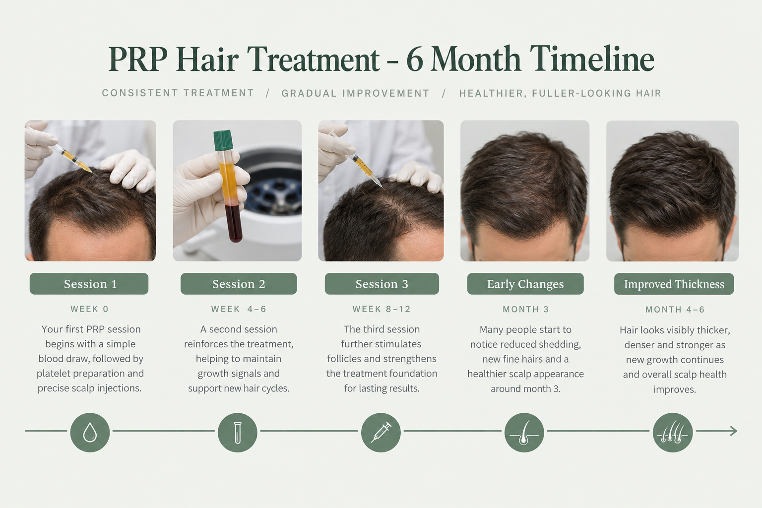 Timeline chart showing when PRP hair treatment results may become visible over six months
