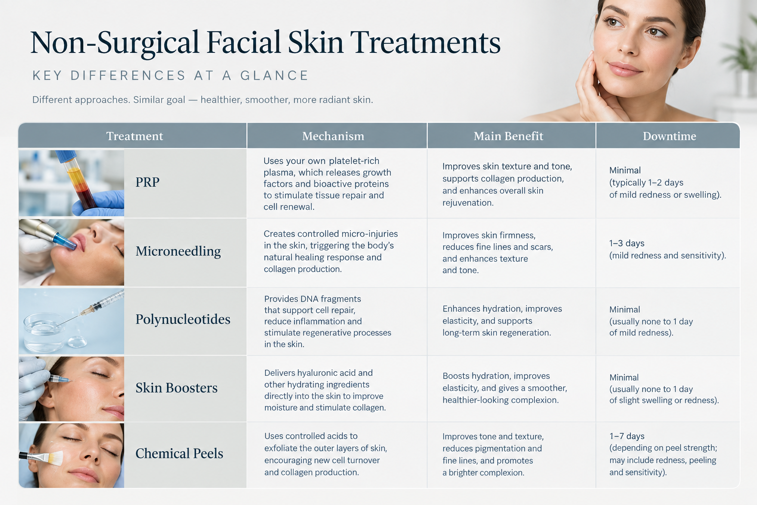 Comparison of PRP and alternative non-surgical facial skin treatments including mechanism and