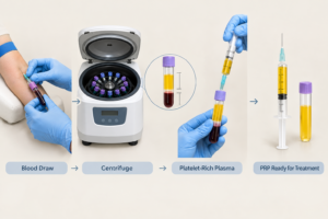 PRP facial treatment preparation process showing blood draw, centrifuge, and platelet-rich plasma