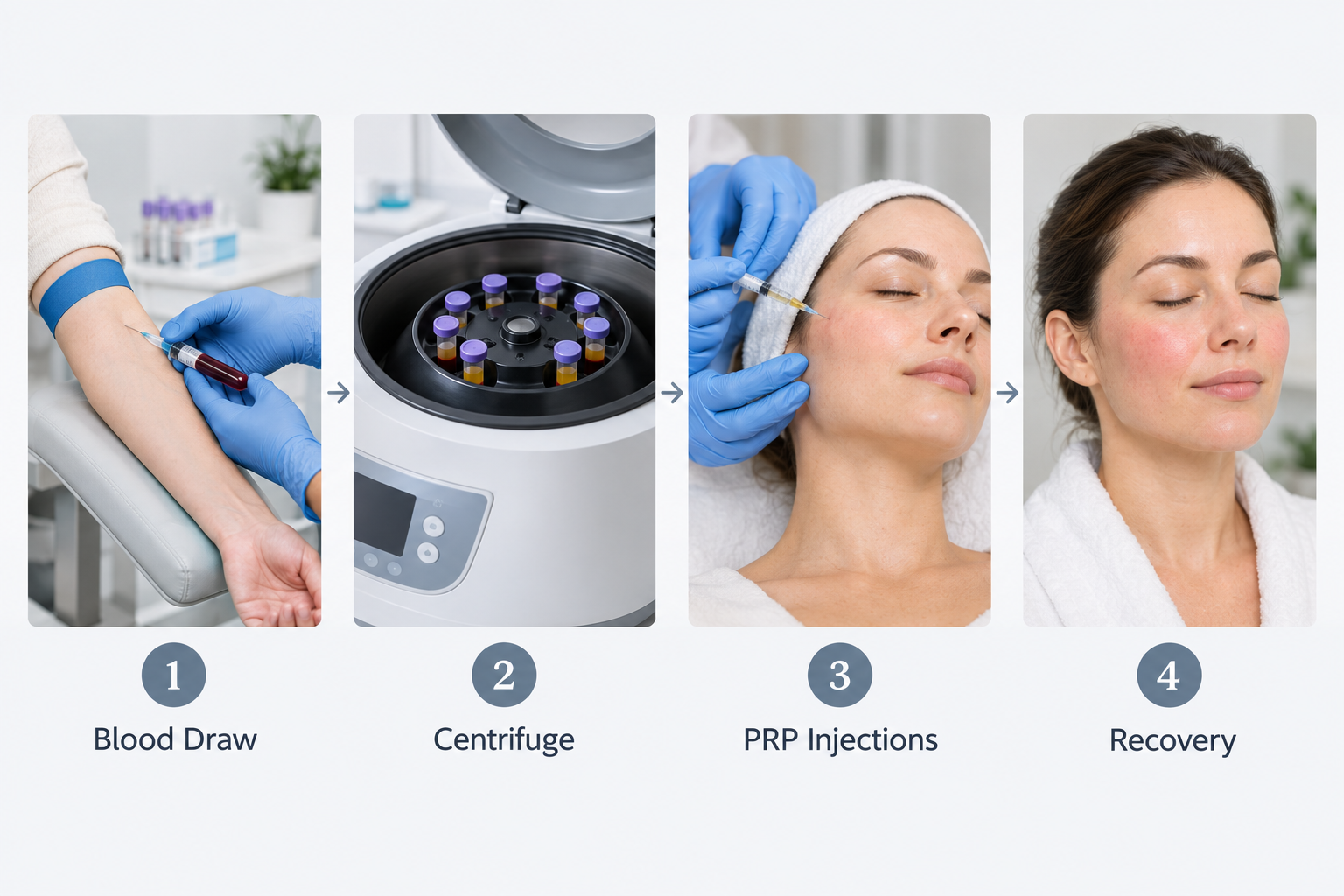 Step-by-step PRP facial treatment process from blood draw to skin injection and recovery