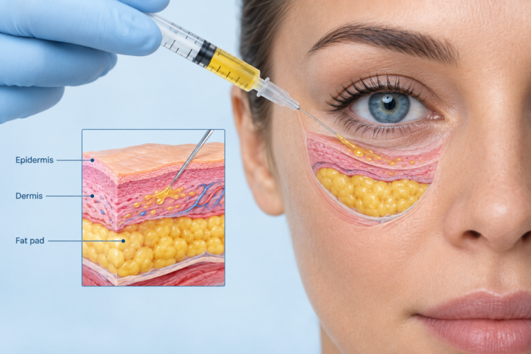 PRP injection into the under-eye periorbital area showing skin layers and platelet-rich plasma