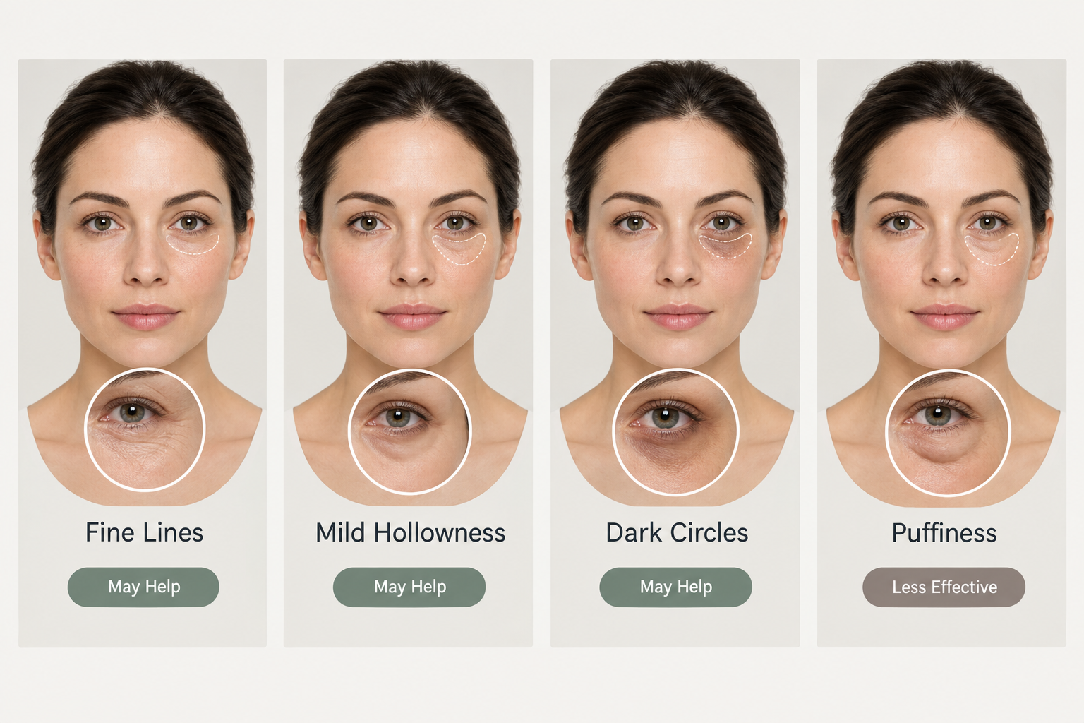 Infographic comparing under-eye concerns including dark circles, hollowness, fine lines and
