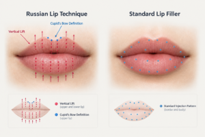 Diagram illustrating Russian lip filler injection technique showing vertical lift and cupid's bow