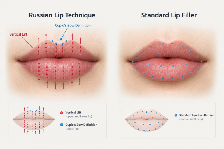 Diagram illustrating Russian lip filler injection technique showing vertical lift and cupid's bow