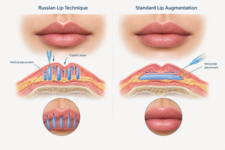 Russian lip filler technique illustration showing vertical injection method and cupid's bow