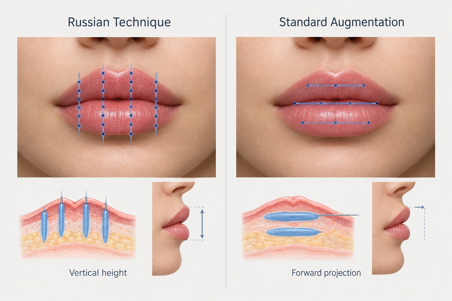Comparison diagram of Russian lip technique vertical placement versus standard lip filler