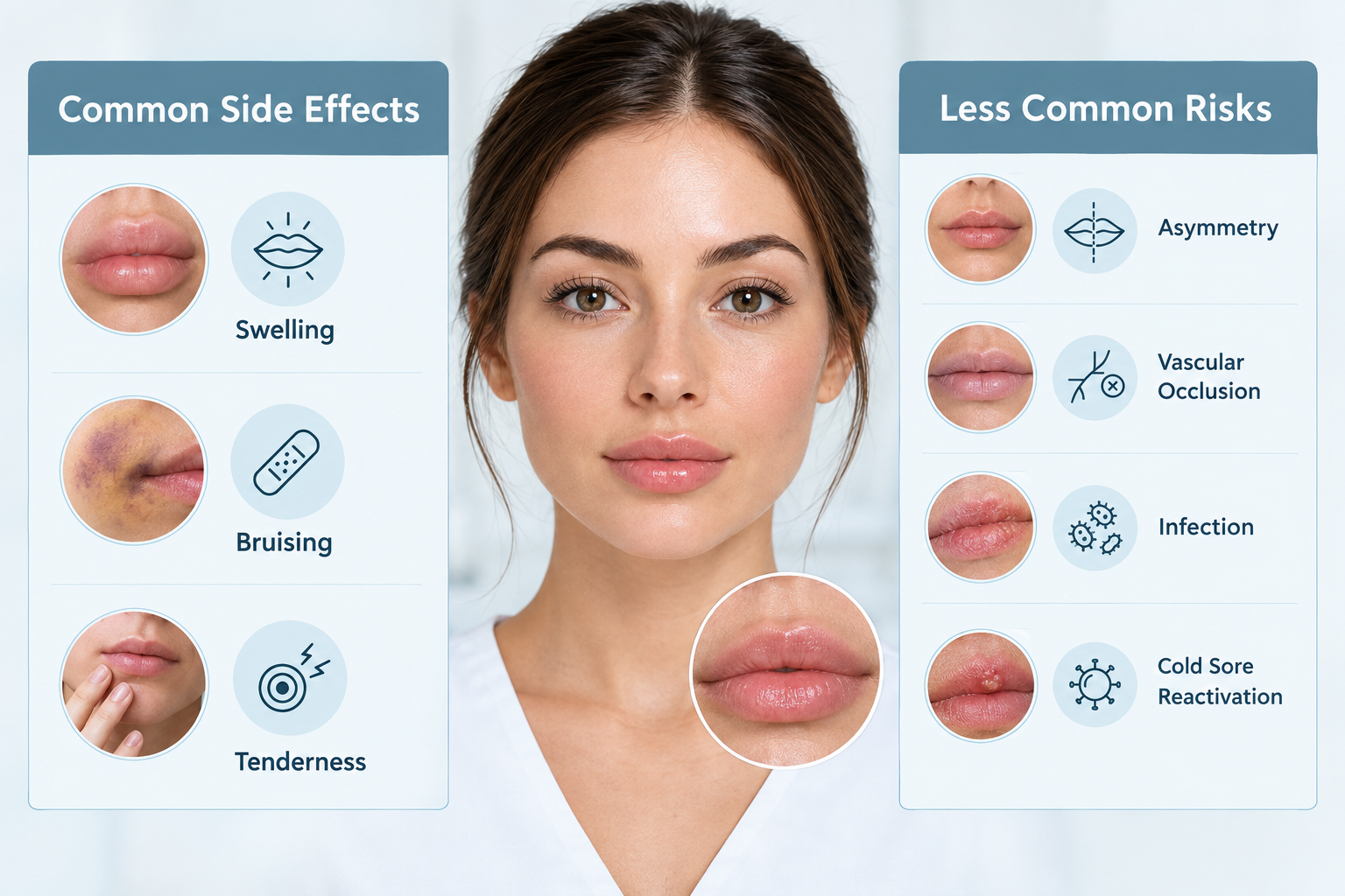 Infographic summarising common and less common risks and side effects of Russian lip filler