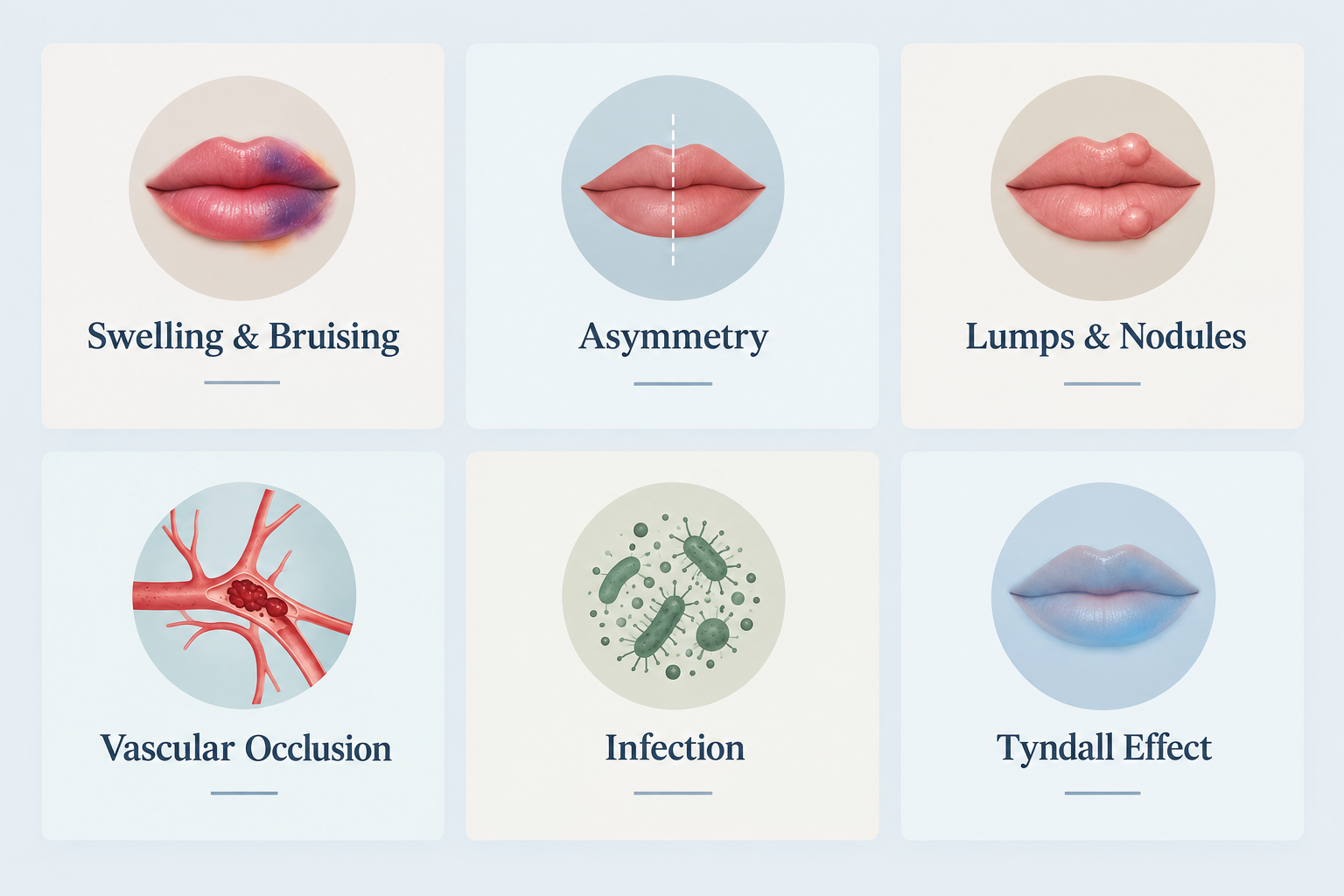 Infographic listing six potential risks and side effects of Russian lip filler treatment