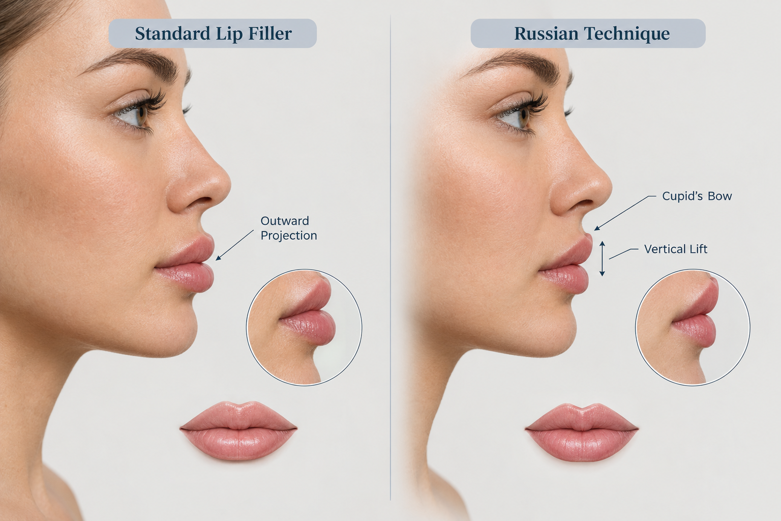 Side-by-side comparison of Russian lip filler versus standard lip filler aesthetic results