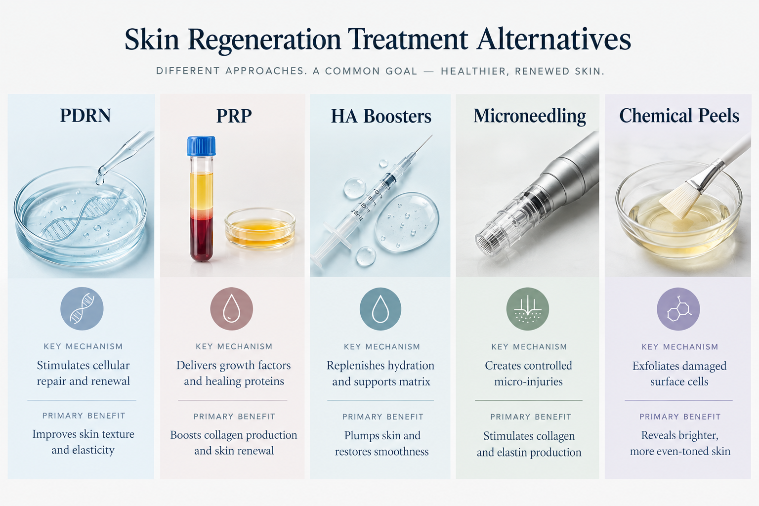 Comparison of PDRN and alternative skin regeneration treatments including PRP and microneedling