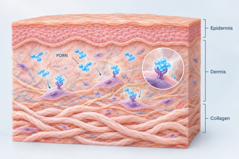 PDRN molecules stimulating collagen production in skin dermis layers illustration