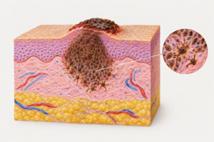 Medical illustration of a scabby mole showing skin layers and surface scab formation