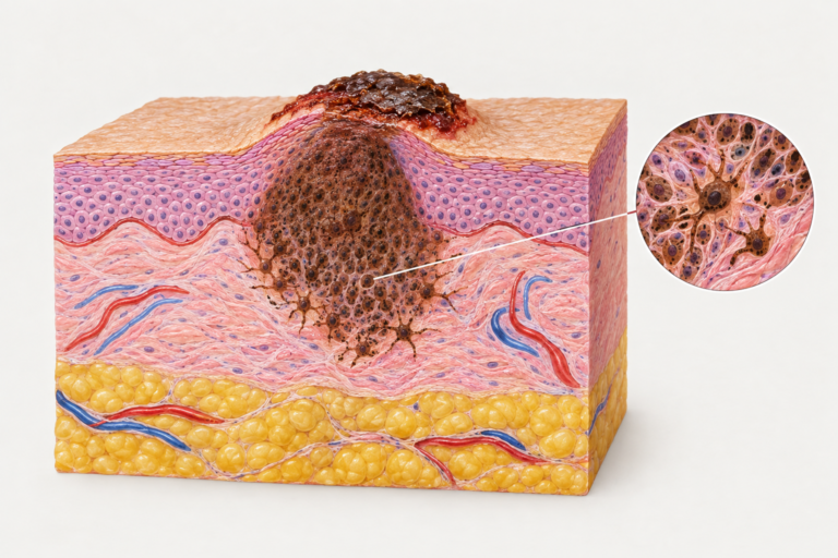 Medical illustration of a scabby mole showing skin layers and surface scab formation