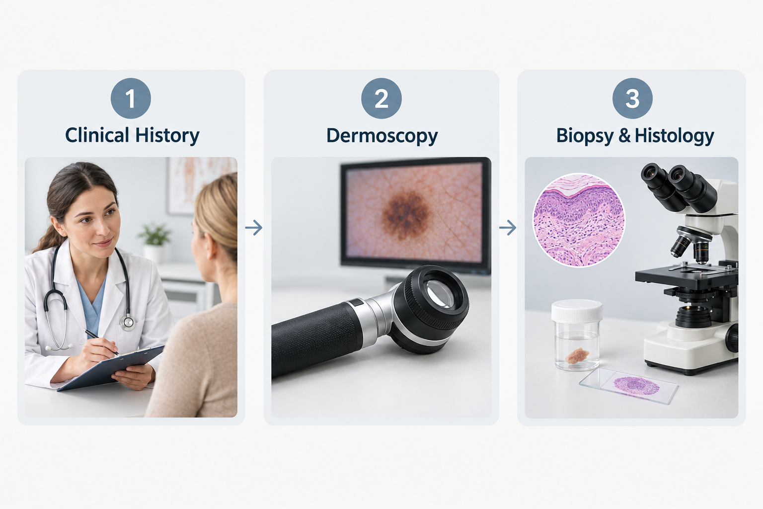 Three-step clinical process for assessing a scabby mole: history, dermoscopy, and biopsy