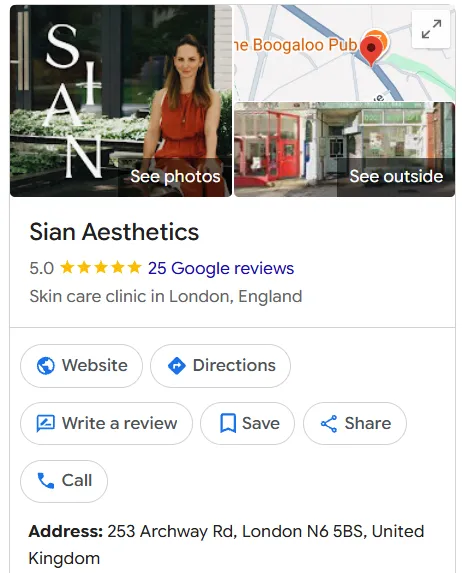 Sian Aesthetics Google Maps profile