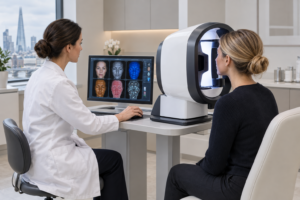 Professional skin analysis consultation using imaging device in a London aesthetic clinic