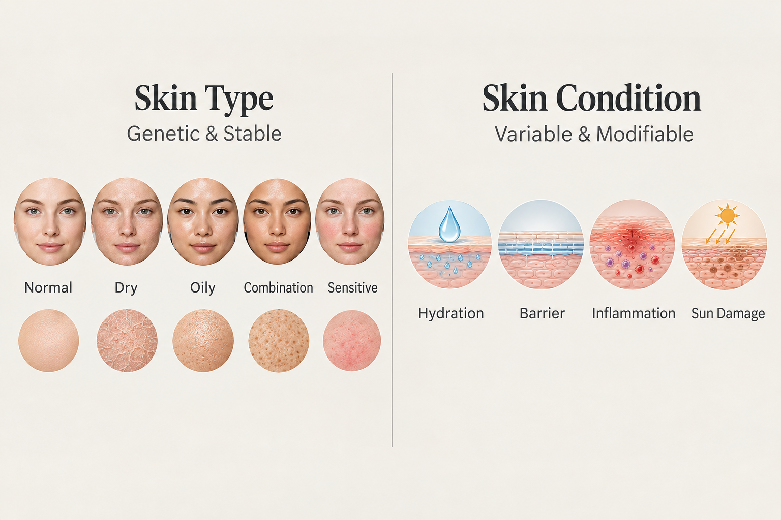 Infographic comparing skin type determined by genetics versus skin condition influenced by lifestyle