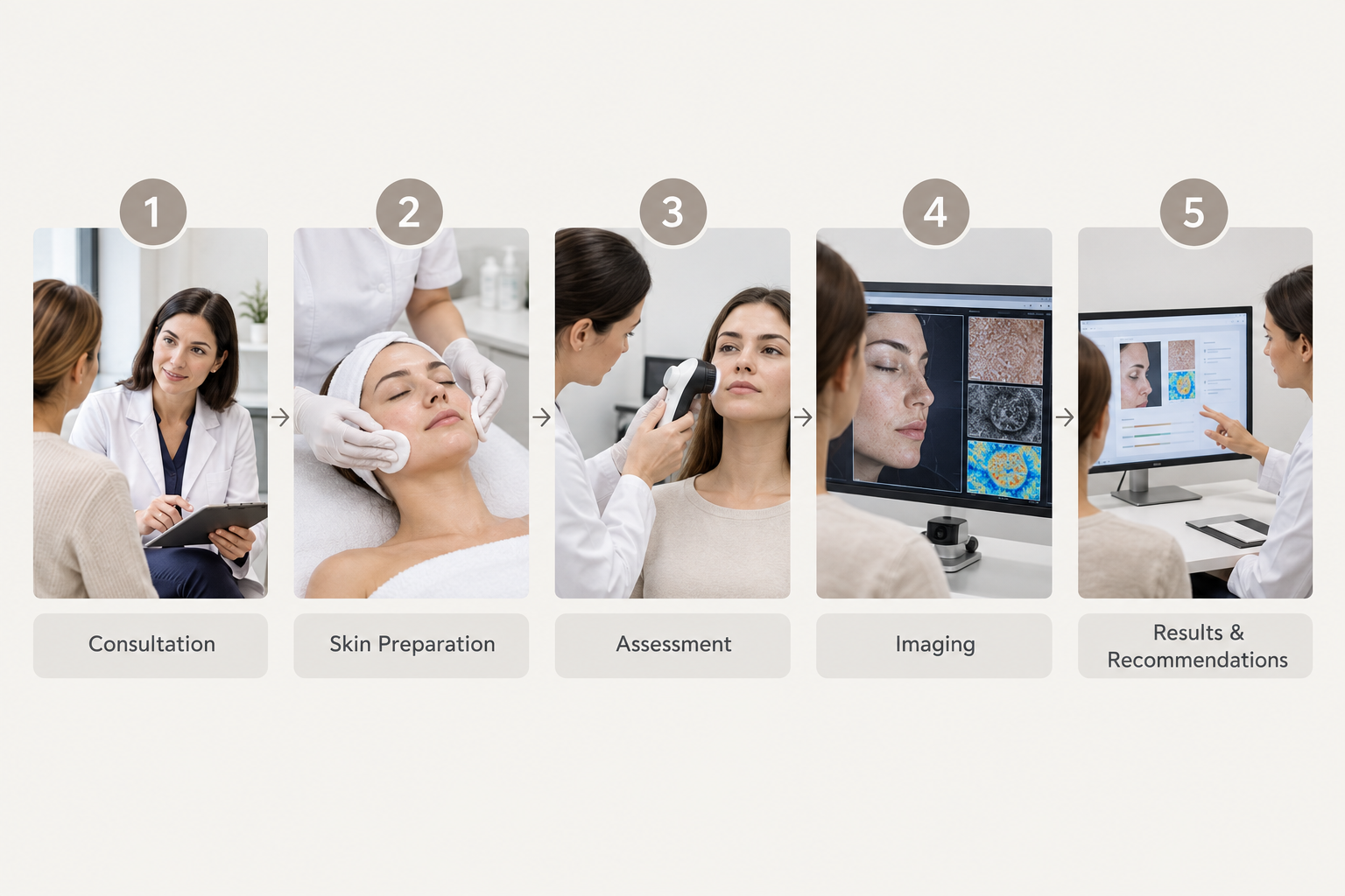 Step-by-step diagram of a professional skin analysis appointment process in a London clinic