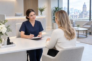 Professional skin clinic consultation room in Leeds with practitioner and patient