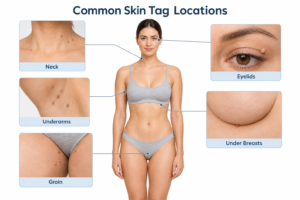 Medical illustration showing common skin tag locations on the body including neck, underarms and