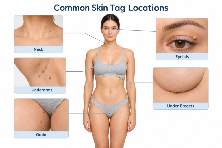 Medical illustration showing common skin tag locations on the body including neck, underarms and