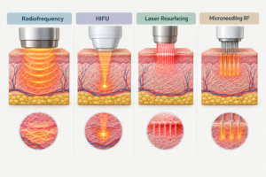 Comparison illustration of radiofrequency, HIFU, laser, and microneedling RF skin tightening